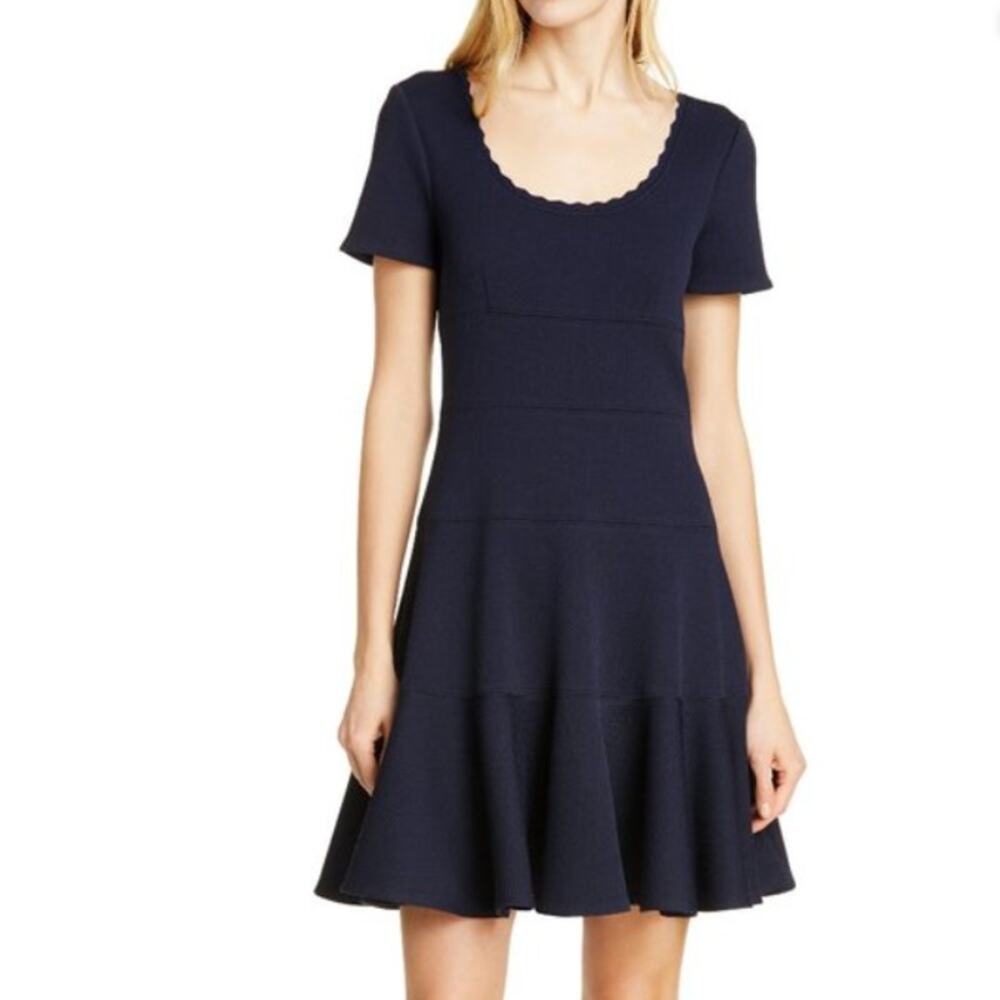 NWOT Rebecca Taylor Stretch Textured Navy Flounce Hem Short Sleeve Mini Dress 6